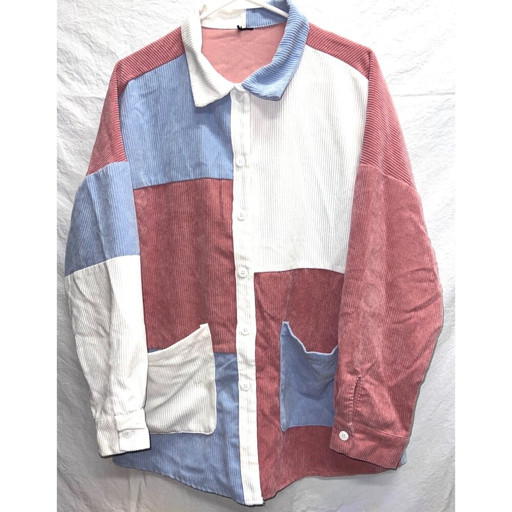 Colorblock Corduroy Button-Up Long Sleeve Shirt With Pockets 2XL?